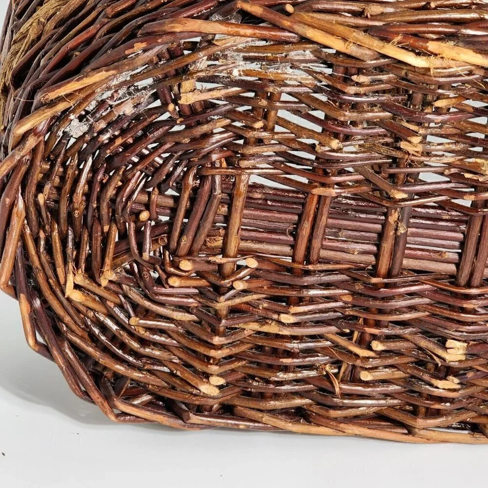 VTG Large Woven Rattan Twig Stick Gathering Basket with Handle Two Toned Brown